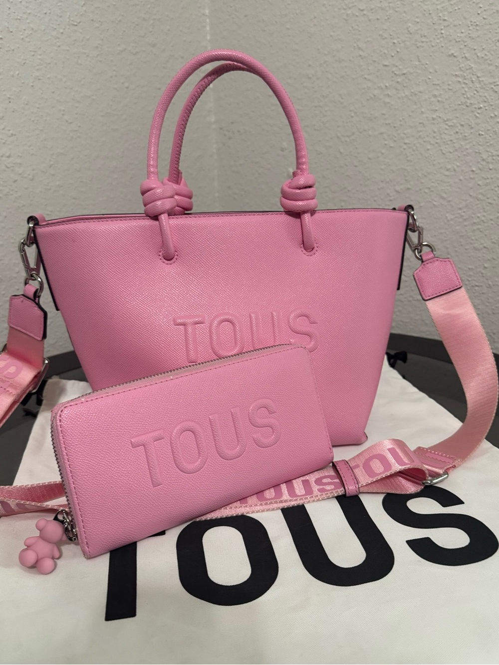 TOUS Pink Leather Tote with Matching Wallet and Strap